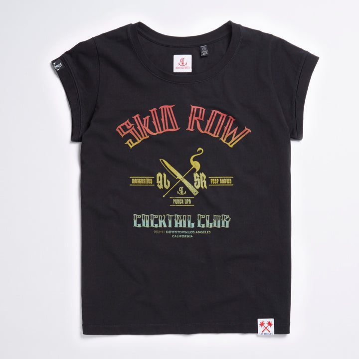 Womens Black Skid Row Cocktail Club Tee - LA Inspired Slouchy Crew Neck T-Shirt