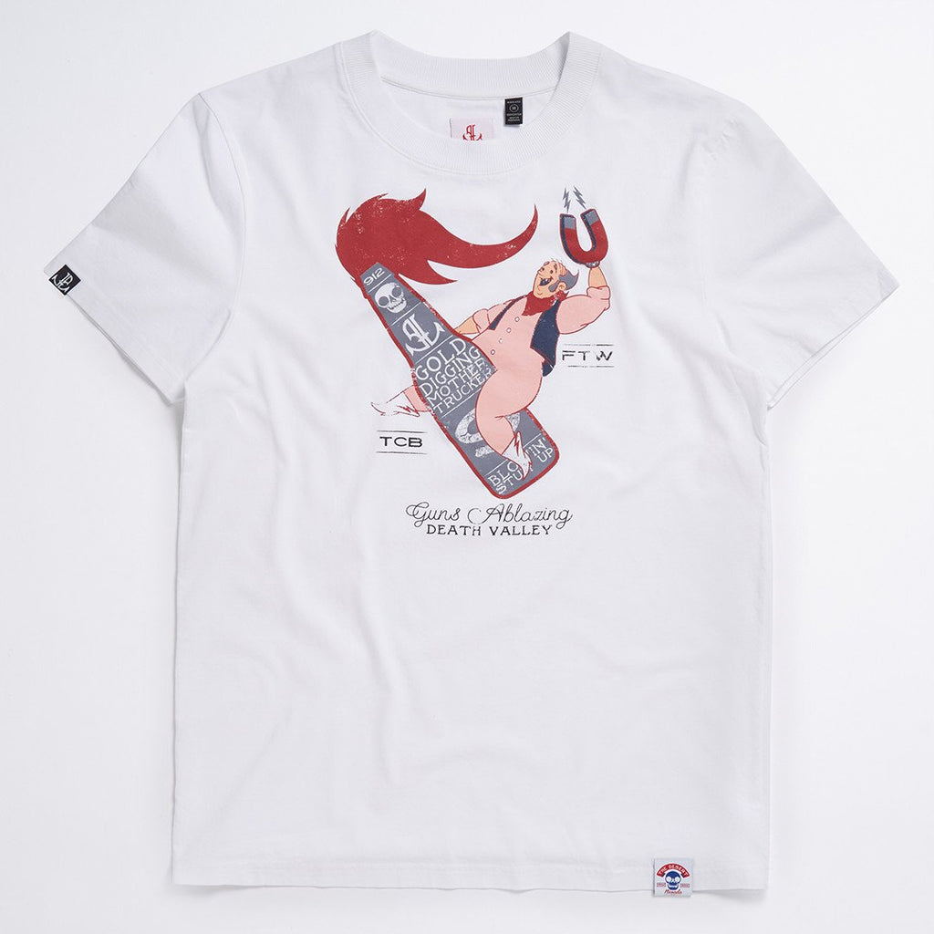 White Bonanza Print Crew Neck Tee - LA Distressed Look T-Shirt